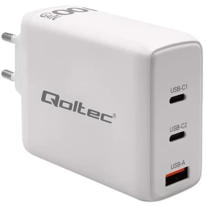 Qoltec Ładowarka sieciowa 100W GaN  | 5-20V | 1.5-5A | 2 x USB-C PD | 1 x USB QC 3.0 | Biała