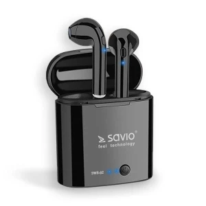 Słuchawki bezprzewodowe SAVIO TWS-02 (douszne; bezprzewodowe, Bluetooth; z wbudowanym mikrofonem; kolor czarny